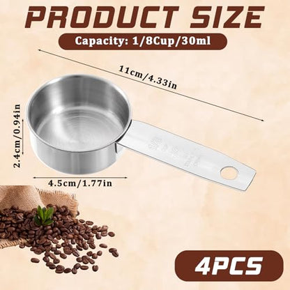 4 Pcs 1/8 Cup (30ml) Measuring Cup, 1oz Stainless Steel Measuring Cups Metal Measure Scoop Coffee Scoops Rice Cups Tablespoon for Cooking Baking, Wet and Dry Ingredients, Dishwasher Safe - size: 1/8 Cup