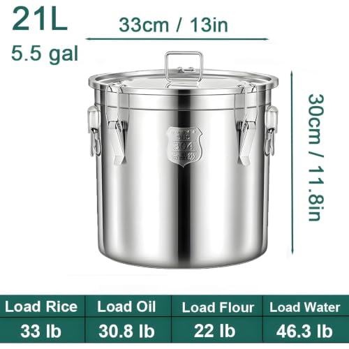 5.5갤런 304 스테인리스 스틸 밀폐 용기, 뚜껑 및 잠금 클램프 포함, 7.7-17.2kg(17-38파운드) 금속 버킷 드럼 대형 개 식품 보관 용기, 우유, 오일, 커피 보관 용기 (21L) - size: 21L/5.5gal