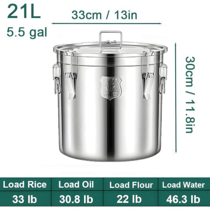 5.5갤런 304 스테인리스 스틸 밀폐 용기, 뚜껑 및 잠금 클램프 포함, 7.7-17.2kg(17-38파운드) 금속 버킷 드럼 대형 개 식품 보관 용기, 우유, 오일, 커피 보관 용기 (21L) - size: 21L/5.5gal