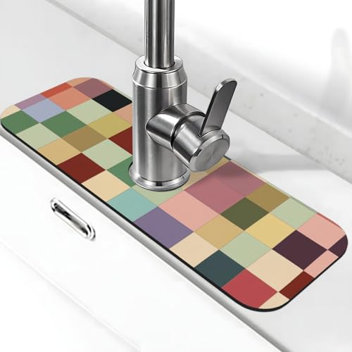 Kitchen Sink Faucet Mat Splash Guard, Checkered Various Colors Super Absorbent Drying Mat, Non-Slip Drain Pad for Bathroom Counter - color: Checkered Various Colors