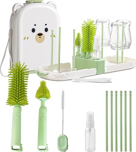 Travel Baby Bottle Cleaner Kit with Storage Case – 6-in-1 Compact Bottle Brush Set for Infant Feeding, Breast Pump Parts & On-The-Go Washing – Baby Travel Essentials for Flying (Green) - color: Green