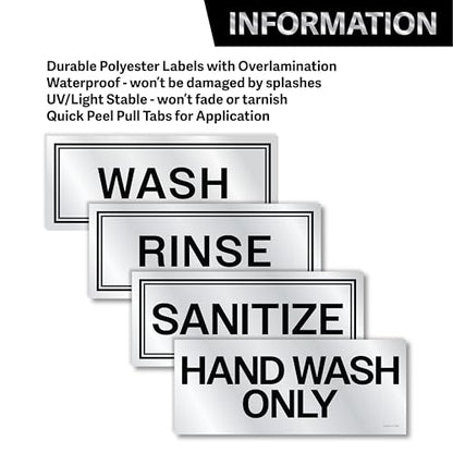 Metallic Wash Rinse Sanitize Sink Labels for 3 Compartment Sinks, Made in USA, 5.5x2.25 Handwash Only Sign Wash Rinse Sanitize Sink Stickers, Commercial Kitchen Labels Restaurant Bussing Station Sign