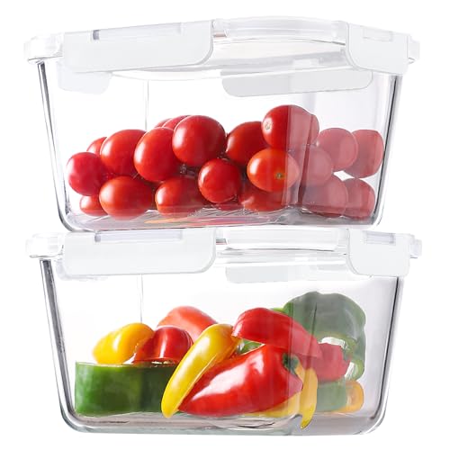 HOMBERKING 4 Pieces 63oz/8cup Large Glass Food Storage Containers with Lids, Meal Prep Containers, Airtight Bento Boxes with Leak Proof Locking (2 Containers 2 Lids), Microwave,Oven,Fridge Safe-White - color: White, size: 2 Sets