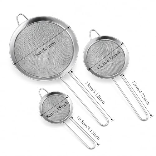 3 Pcs Stainless Steel Fine Mesh Strainer Set, Kitchen Colander with Long Handle, 3 Sizes (3.1/4.7/6.3 Inch) Food Sieve for Flour, Tea, Coffee, Juice and Cooking