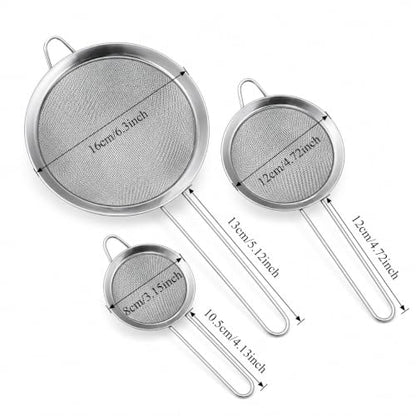 3 Pcs Stainless Steel Fine Mesh Strainer Set, Kitchen Colander with Long Handle, 3 Sizes (3.1/4.7/6.3 Inch) Food Sieve for Flour, Tea, Coffee, Juice and Cooking