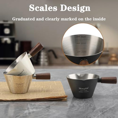 Mongdio Espresso Measuring Cup, Stainless Steel Espresso Shot Cups with Wooden Handle and Double Spouts, 3.4OZ/100ML, Silver - color: Silver, size: 3.4oz