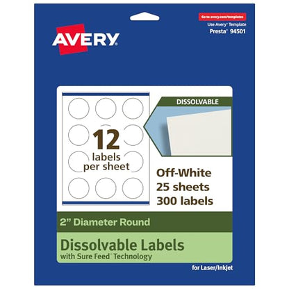 Avery Dissolvable Round Labels, Sure Feed Technology, 2" Diameter, Matte White, Print-to-The-Edge, Laser/Inkjet Printable, 300 Labels Total - style: 300 labels