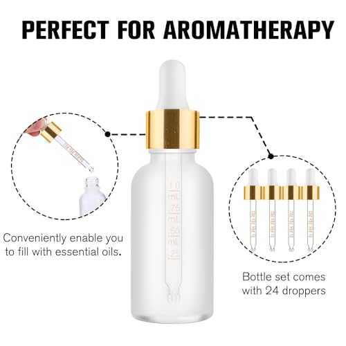 PrettyCare 1oz Glass Dropper Bottle Set of 24, Thick Rose Frosted Glass Bottles Empty with Leakproof Caps, Labels, Funnels - 30ml Eye Dropper Bottles for Storage, Travel, Essential Oils, Tincture - color: 1oz Rose Frosted, style: 24 Pack