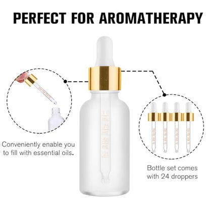 PrettyCare 1oz Glass Dropper Bottle Set of 24, Thick Rose Frosted Glass Bottles Empty with Leakproof Caps, Labels, Funnels - 30ml Eye Dropper Bottles for Storage, Travel, Essential Oils, Tincture - color: 1oz Rose Frosted, style: 24 Pack