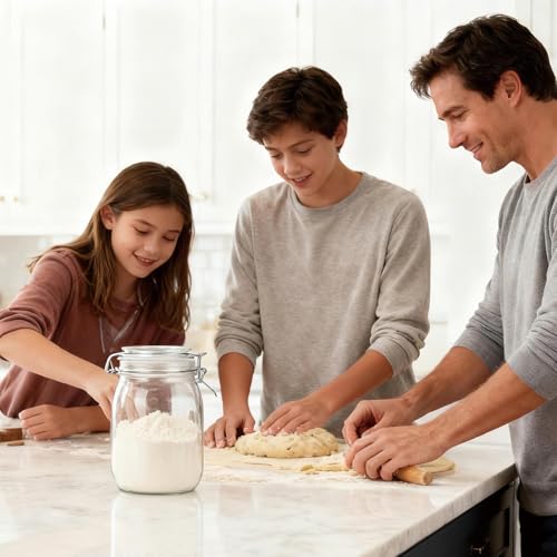 Flrolove 32oz Set of 4 Glass Kitchen Storage Canister Mason Jars with Lids | Airtight Glass Canister with Hinged Lid, Perfect for Kitchen Canning Cereal, Pasta, Sugar, Coffee Beans, Label & Chalk Marker - size: 32oz*4-round