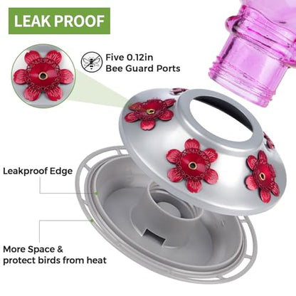 Hummingbird Feeder, BOLITE Glass Hummingbird Feeders for Outdoors Hanging, with Ant Moat and Five Feeding Ports, 22 Ounces, Leak Proof, Purple Bottle - color: Ruby Purple