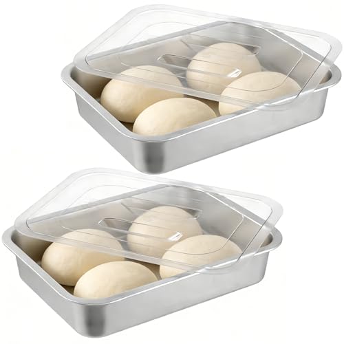 2 Pcs Pizza Dough Proofing Box -14.1x10.6 Inch Stainless Steel Pizza Dough Trays with Clear Lid, Household Pizza Bread Proofing Storage Container, Fits 4-6 Dough Balls