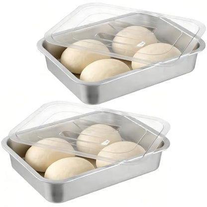 2 Pcs Pizza Dough Proofing Box -14.1x10.6 Inch Stainless Steel Pizza Dough Trays with Clear Lid, Household Pizza Bread Proofing Storage Container, Fits 4-6 Dough Balls