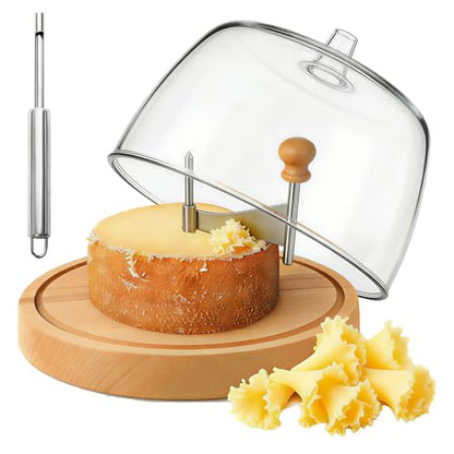 ZZXLLLO Girolle Cheese Curler Shaver Wheel – Stainless Steel Cheese Slicer Flower Maker Tool for Tête de Moine – Wood Base with Dome Lid, Sharp Blade, Hole Cutter, Gift Boxed - color: Wood