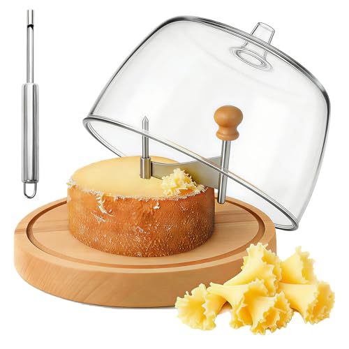 ZZXLLLO Girolle Cheese Curler Shaver Wheel – Stainless Steel Cheese Slicer Flower Maker Tool for Tête de Moine – Wood Base with Dome Lid, Sharp Blade, Hole Cutter, Gift Boxed - color: Wood
