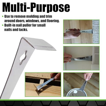 GRIP 9" Stainless Steel Pry Bar & Nail Puller - Pulling, Prying, Scraping - Removes Molding Around Doors, Flooring, Windows - Home, Garage, Workshop