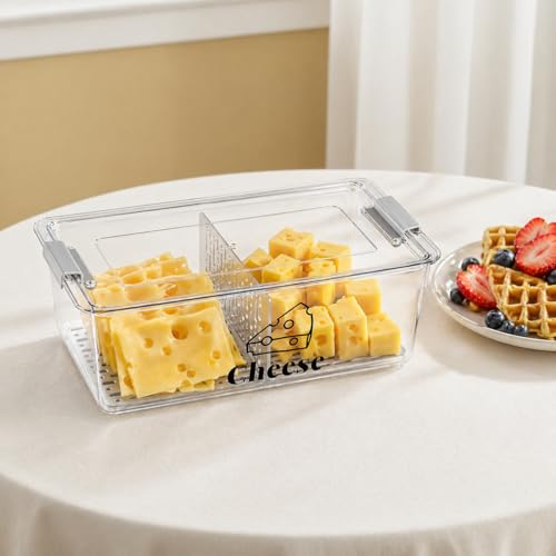 Cheese Container Airtight with Draining Basket Cream Block Cheese Sliced Cheeses Box with Lid for Fridge Shredded Saver 2 Compartment Deli Meat Storage Box,Cheeses Sliced,Grated,Cheddar Keeper - color: Clear - Big
