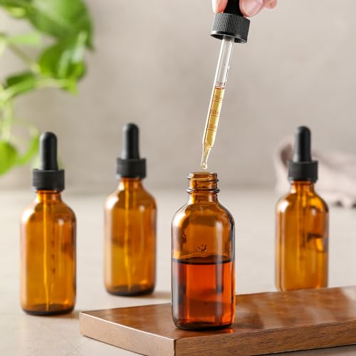 4 Pack 1 oz Glass Dropper Bottles with Measured Dropper - 30ml Dark Amber Tincture Bottles with Graduated Calibrated Glass Eye Droppers (1ml) for Essential Oils, Liquids - Leakproof Travel Bottles - style: Measured Dropper