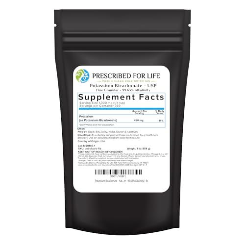 Prescribed for Life Potassium Bicarbonate Powder, Pure USP & Food Grade Potassium Bicarbonate for Plants, Winemaking, & Baking, Crystalline Powder, 39% K (1lb)