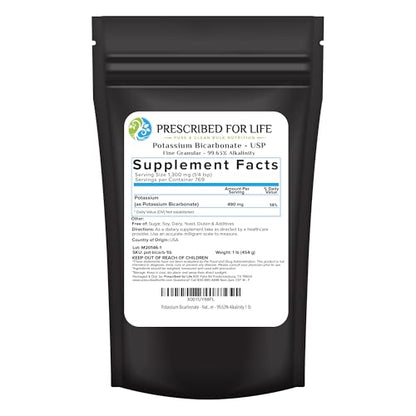 Prescribed for Life Potassium Bicarbonate Powder, Pure USP & Food Grade Potassium Bicarbonate for Plants, Winemaking, & Baking, Crystalline Powder, 39% K (1lb)