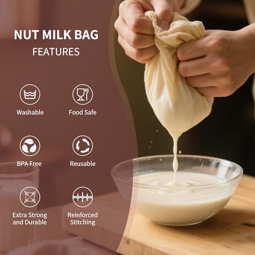 Nut Milk Bags, All Natural Cheesecloth Bags, 12"x12", 2 Pack, 100% Unbleached Cotton Cloth Bags for Tea/Yogurt/Juice/Wine/Soup/Herbs, Durable Washable Reusable Almond Milk Strainer(WEAVE 65x52)