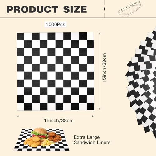 Colarr Waxed Paper Sheets Bulk 15 x 15 Inch Large Sandwich Wrapping Papers Checkered Deli Food Basket Liners for Burgers Bread Restaurant Barbecue Picnic (Black,2000 Pcs) - color: Black