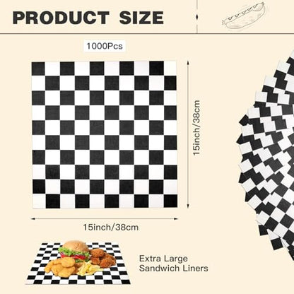 Colarr Waxed Paper Sheets Bulk 15 x 15 Inch Large Sandwich Wrapping Papers Checkered Deli Food Basket Liners for Burgers Bread Restaurant Barbecue Picnic (Black,2000 Pcs) - color: Black