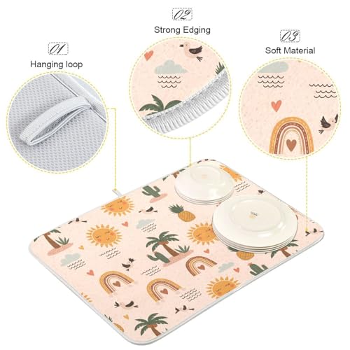 Tropical Sun Palm Tree Dish Drying Mat for Kitchen Counter Super Absorbent Draining Mat with Non-slip Backed Sink Tray Mat for Dish Bottles Cups Bowl Sinks Countertops Draining Racks