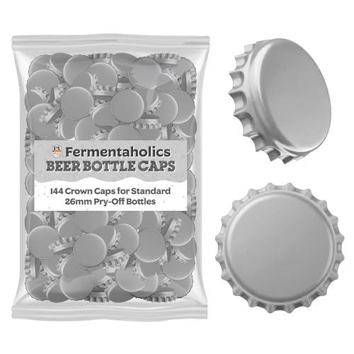 Fermentaholics Silver Beer Bottle Caps - 144 Count Oxygen Absorbing Bottle Lids – 26mm Crown Caps for Homebrewing Beer, Cider, Soda, DIY Crafts and more – Fits Standard American Pry-Off Bottles