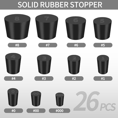 Aleric 26 Pack Solid Rubber Stoppers - 11 Assorted Sizes Stopper Plugs, 000# - 8# Sizes Rubber Plugs for Flask, Lab Plug Holes, Test Tube