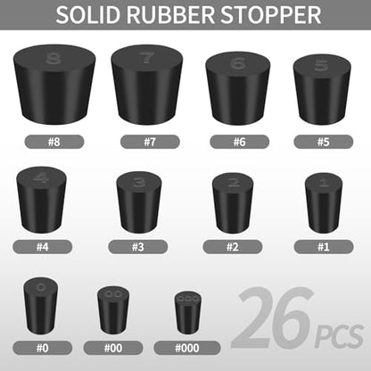 Aleric 26 Pack Solid Rubber Stoppers - 11 Assorted Sizes Stopper Plugs, 000# - 8# Sizes Rubber Plugs for Flask, Lab Plug Holes, Test Tube