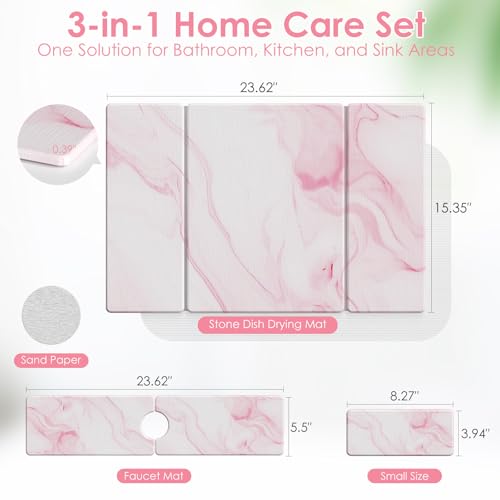 3 PCS Large Stone Dish Drying Mat for Kitchen Counter -24"x16" Absorbent Diatomaceous Earth Mat with Stone Faucet Mat & Soap Tray - Quick Dry, Collapsible, Non-Slip Countertop Organizer - color: PINK Marble