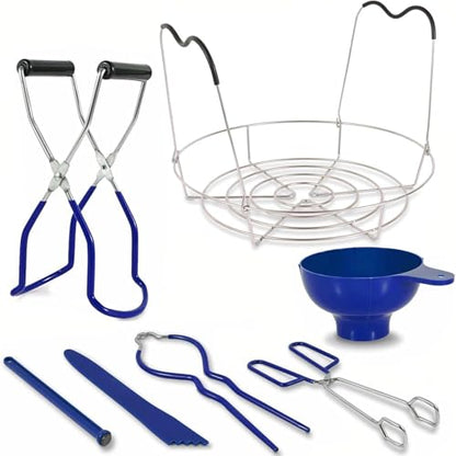 7 Pieces Canning Supplies Kit, Stainless Steel, Blue | Steamer Rack, Canning Funnel, Jar Lifter, Wrench & Tongs, Lid Lifter Bubble Remover Tool - color: Blue
