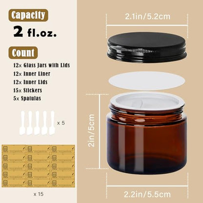 2 oz Glass Jars with Lids,Amber,12 Pack Empty Cosmetic Containers with Inner lids and Inner Liners,Black Metal Lid,Refillable Round Airtight Jars,Use to store Lotion,Powders,Candle Making