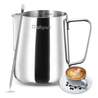 Milk Frothing Pitcher, Dailyart 12oz/350ml Milk Frother Cup 304 Stainless Steel Milk Steamer Cup with Scale, Espresso Machine Accessories, Milk Pitcher with Art Pen for Cappuccino Coffee Latte Art - size: 11.8 Ounces