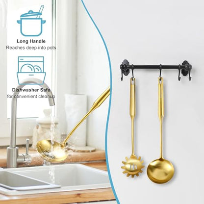 Gold Soup Ladle and Spaghetti Spoon Set - 18/10 Stainless Steel Soup Spoon，Pasta Strainer, 13.8" Kitchen Utensils for Cooking，Stirring, Serving Pasta, Soup & Sauce, Perfect Gifts - size: Gold