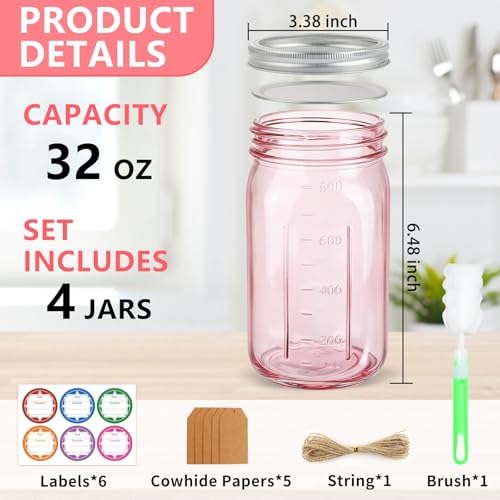 CARBLIN 4 Pack Mason Jars 32 oz, Wide Mouth Canning Jars with Airtight Lids, Glass Pint Jars with Bands Labels Brush, Large Storage Quart Jars for Jam Fermenting Preserving - Pink - color: Pink