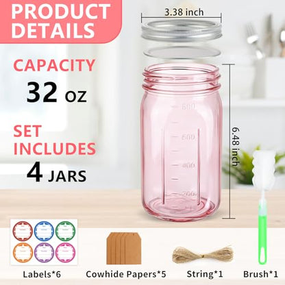 CARBLIN 4 Pack Mason Jars 32 oz, Wide Mouth Canning Jars with Airtight Lids, Glass Pint Jars with Bands Labels Brush, Large Storage Quart Jars for Jam Fermenting Preserving - Pink - color: Pink