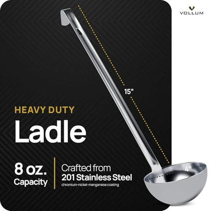 Vollum 1-Piece Stainless Steel Ladle - Heavy Duty Commercial Thick Stainless Steel - 8 Ounce (3.9" Bowl Diameter, 15.1" Handle Length) - size: 8 Ounce (3.9" Bowl Diameter, 15.1" Handle Length)
