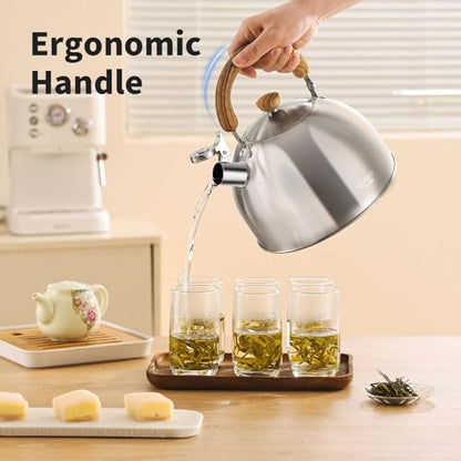 18/8 Stainless Steel Tea Kettle for Stovetop (4L / 4.23 Quart Whistling Tea Pot, Wood Handle)-Silver - size: 4.2 Quarts