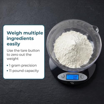 Smart Weigh Digital Kitchen Scale with Removable Bowl – 11lb/5kg Capacity, 0.1oz/1g Precision – High Accuracy Food Scale for Baking, Cooking & Meal Prep (Black)