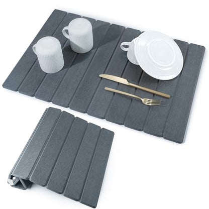 Large Stone Dish Drying Mat for Kitchen Counter 24" x 16" – Diatomaceous Earth Quick Dry Water Absorbing Mat –Roll up Drying Pads – Countertop Mats For Plates Dishes Rack –Matt Finish -Dark Gray