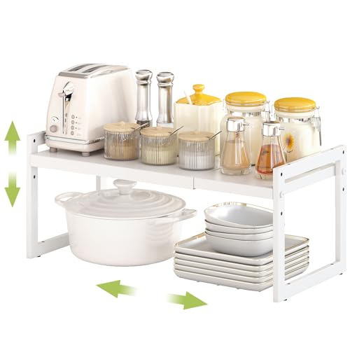 Expandable Cabinet Shelf Organizer, Stackable Kitchen Counter Shelf, White | Space Saving Metal Pantry Storage Racks for Kitchen Spice Rack Pans and Untensils Bathroom Office Organization, 1-Tier - color: Root={'value': "White, 8.3''d*14.02-22.3''w*8.62''