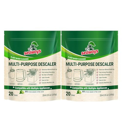 Seaways Multi-Purpose Descaler & Cleaner Powder Packets (40 Uses, 2-Pack) | Descaling Solution for Nespresso, Coffee Machine, Ice Maker & Kettle | Citric Acid Limescale Remover | 20×0.35 oz - size: 7.05 Ounce (Pack of 2)
