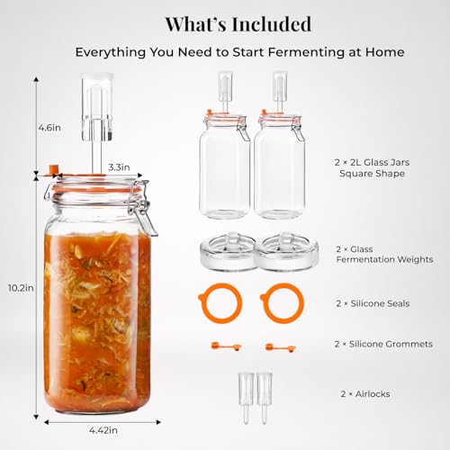 JILLMO Wide Mouth Glass Fermentation Jar with Airlock & Glass Weight, 2L (64oz) Fermenting Jar for Sauerkraut, Kimchi, Pickles & More,Pack of 2 - size: 2 Liter