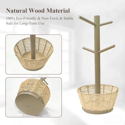 Wood Mug Holder Tree with Woven Basket, 4 Hooks Coffee Mug Holder, Countertop Mug Tree for Kitchen Counter Cabinet Coffee Bar Accessories Cup Display Organizer Hanger(Brown) - color: Brown