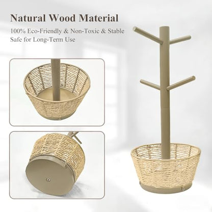 Wood Mug Holder Tree with Woven Basket, 4 Hooks Coffee Mug Holder, Countertop Mug Tree for Kitchen Counter Cabinet Coffee Bar Accessories Cup Display Organizer Hanger(Brown) - color: Brown