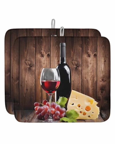 Wine Cheese Dish Drying Mat, Grapes Farmhouse Brown Wooden Plank Absorbent Dish Drying Matt Pad for Kitchen Countertops, Sinks, Dish Drainer Racks, Small 16x18in 2PCS - size: 16x18in 2PCS