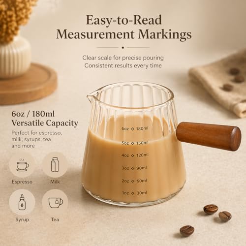 6 oz Espresso Cups - Glass Measuring Cups with Spout - Ribbed Small Creamer Pitcher- Expresso Shots Cup with Wood Handle for Coffee Milk, Dishwasher Safe (Transparent, 2 pack) - color: Transparent, size: 2 pack