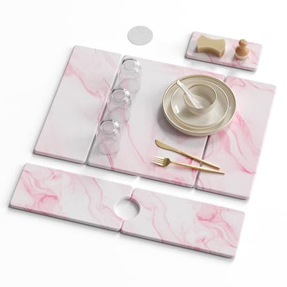 3 PCS Large Stone Dish Drying Mat for Kitchen Counter -24"x16" Absorbent Diatomaceous Earth Mat with Stone Faucet Mat & Soap Tray - Quick Dry, Collapsible, Non-Slip Countertop Organizer - color: PINK Marble